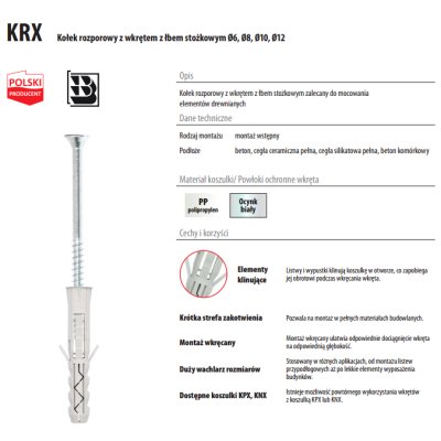 Kołek rozporowy 8/4x40 KRX (opakowanie 100 sztuk)