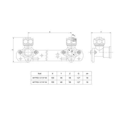 PEX-AL Zespół montażowy, listwa skrętno-zaciskowa 16x1/2 GW 150 mm
