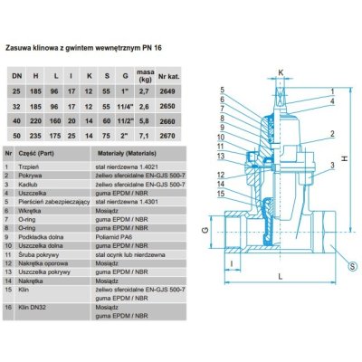 Zasuwa klinowa DN40, żeliwo sferoidalne GW6/4 PN 16 - wymienny uszczelniacz