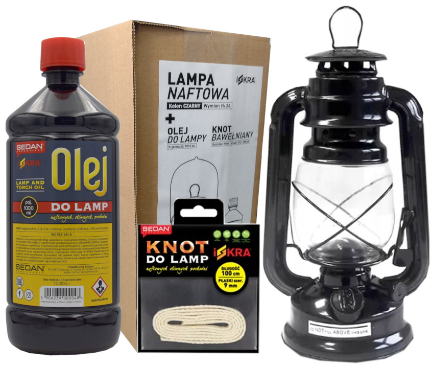 Zestaw w kartonie: lampa olejowa naftowa czarna, knoty, olej do lamp 1litr ISKRA