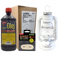 Zestaw w kartonie: lampa olejowa naftowa biała, knoty, olej do lamp 1 litr ISKRA 